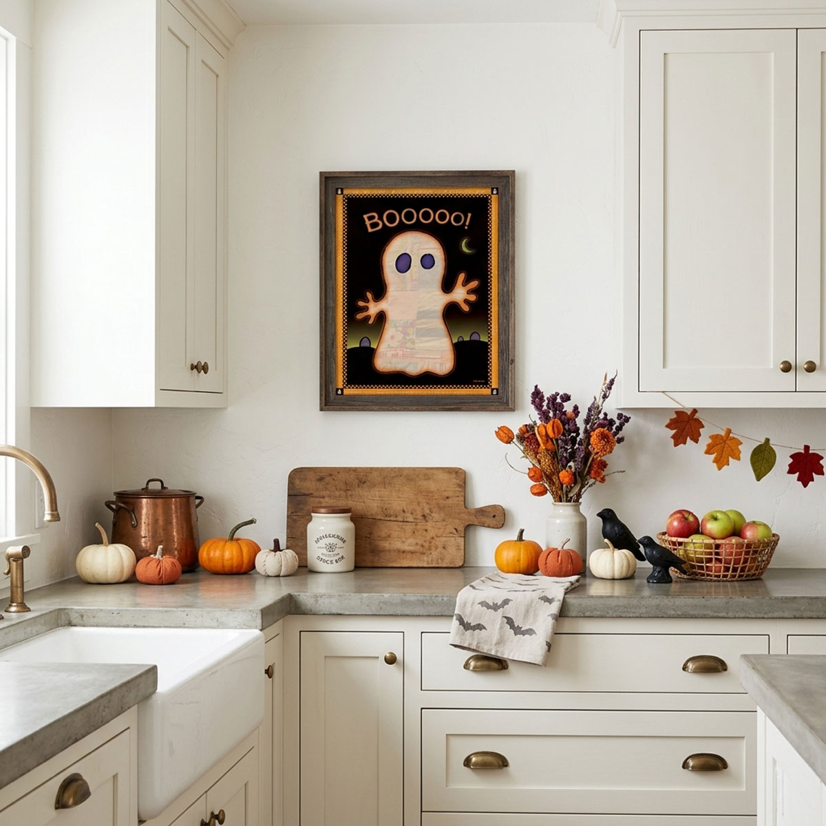 Cute Ghost Printable Halloween Wall Art featuring a glowing patchwork ghost against a moonlit night sky with a purple border.