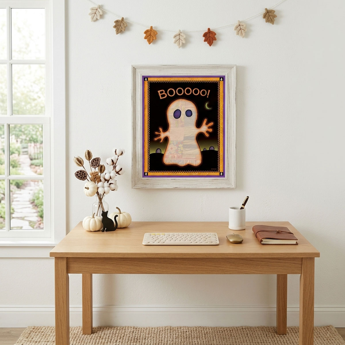 Cute Ghost Printable Halloween Wall Art featuring a glowing patchwork ghost against a moonlit night sky with a purple border.