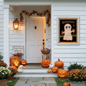 Cute Ghost Printable Halloween Wall Art featuring a glowing patchwork ghost against a moonlit night sky with a purple border.
