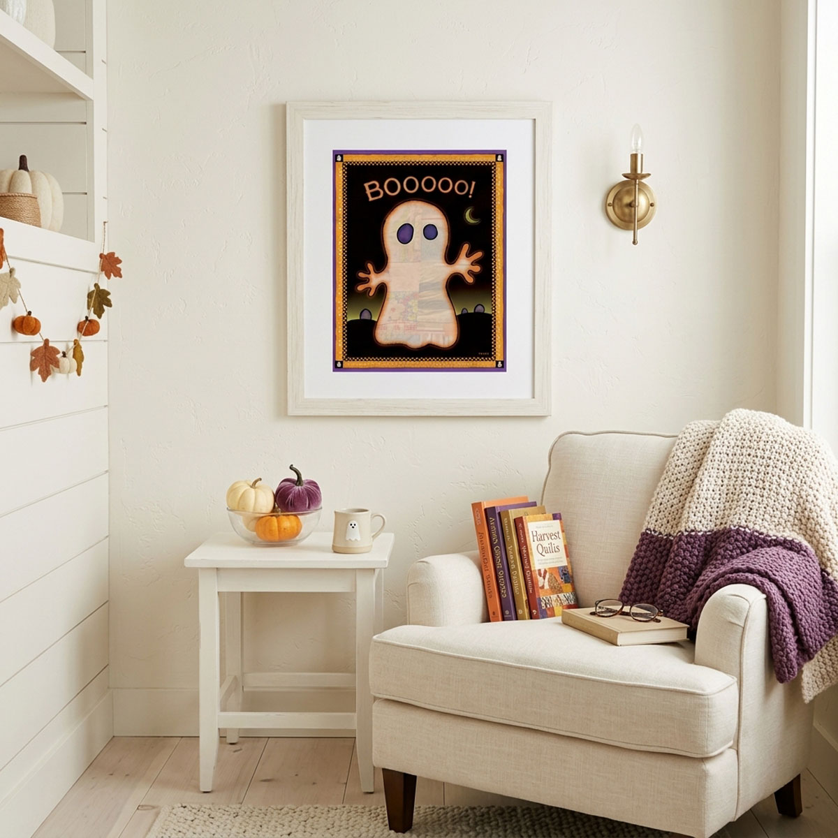 Cute Ghost Printable Halloween Wall Art featuring a glowing patchwork ghost against a moonlit night sky with a purple border.