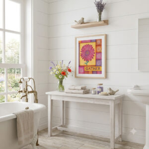 Daisy Patchwork Quilt - Floral Wall Art featuring a vibrant pink daisy against colorful quilt patches and floral lettering of "Gather."