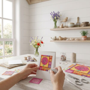 Daisy Patchwork Quilt - Floral Wall Art featuring a vibrant pink daisy against colorful quilt patches and floral lettering of "Gather."