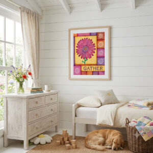 Daisy Patchwork Quilt - Floral Wall Art featuring a vibrant pink daisy against colorful quilt patches and floral lettering of "Gather."
