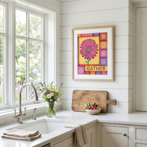 Daisy Patchwork Quilt - Floral Wall Art featuring a vibrant pink daisy against colorful quilt patches and floral lettering of "Gather."