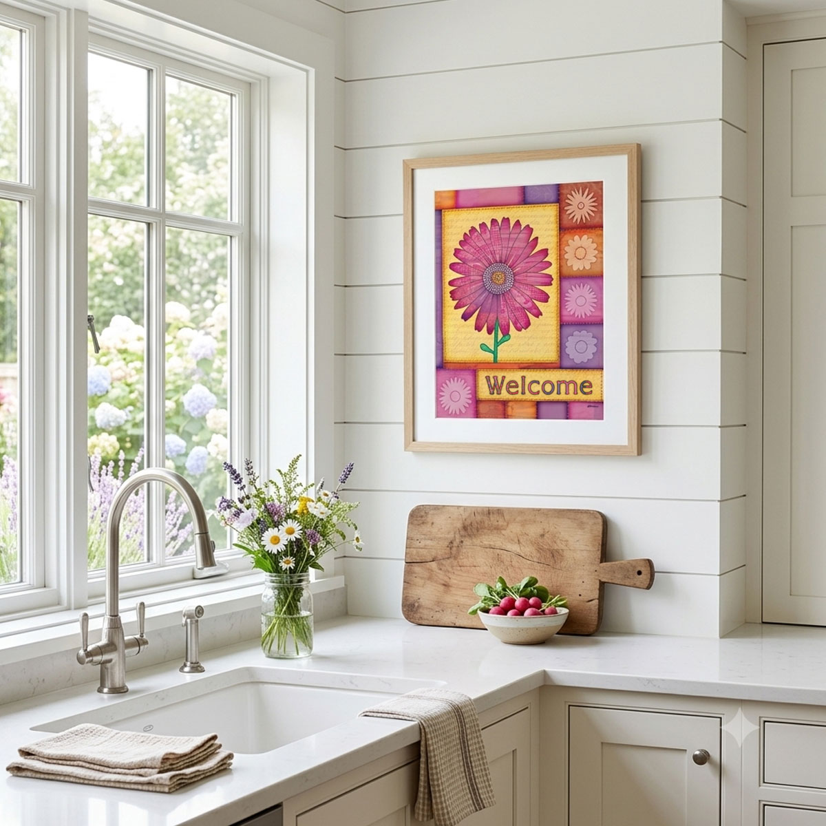 Daisy Patchwork Quilt - Floral Wall Art featuring a vibrant pink daisy against colorful quilt patches and floral lettering of "Welcome".