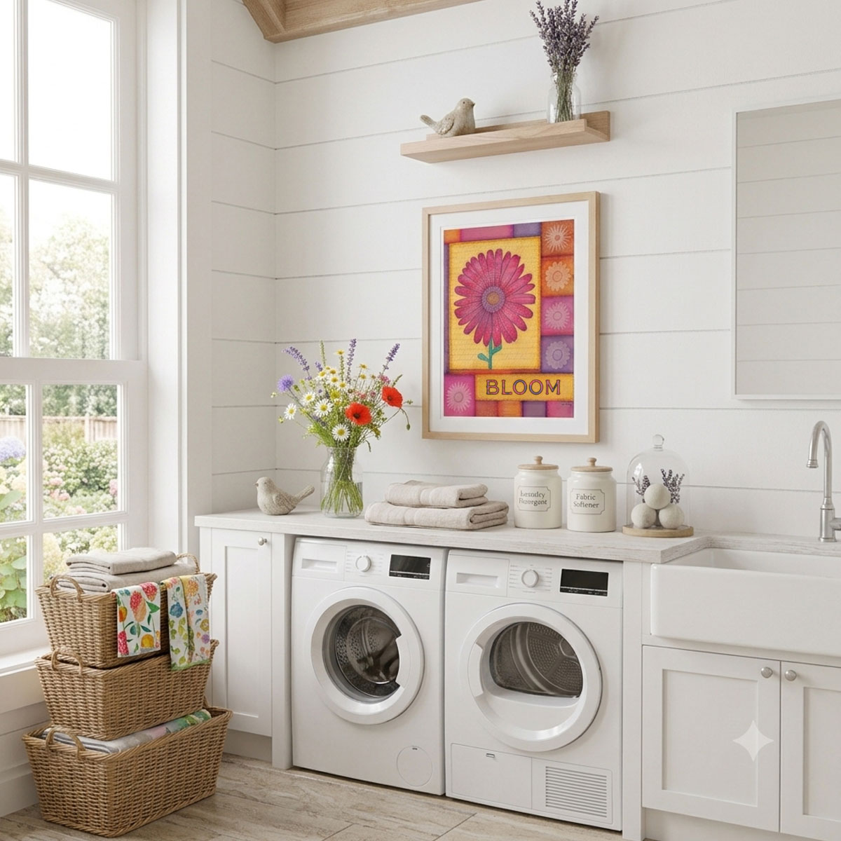 Daisy Patchwork Quilt - Floral Wall Art featuring a vibrant pink daisy against colorful quilt patches and floral lettering of "Bloom."
