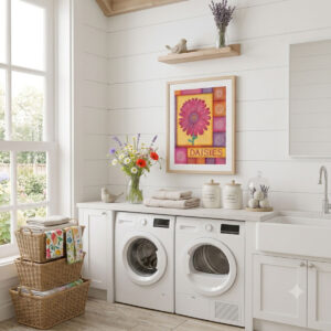 Daisy Patchwork Quilt - Floral Wall Art featuring a vibrant pink daisy against colorful quilt patches and floral lettering.