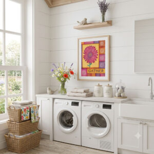 Daisy Patchwork Quilt - Floral Wall Art featuring a vibrant pink daisy against colorful quilt patches and floral lettering of "Gather."