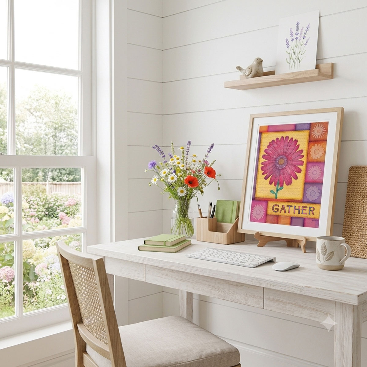 Daisy Patchwork Quilt - Floral Wall Art featuring a vibrant pink daisy against colorful quilt patches and floral lettering of "Gather."