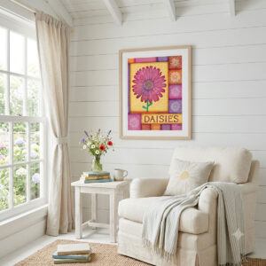 Daisy Patchwork Quilt - Floral Wall Art featuring a vibrant pink daisy against colorful quilt patches and floral lettering.