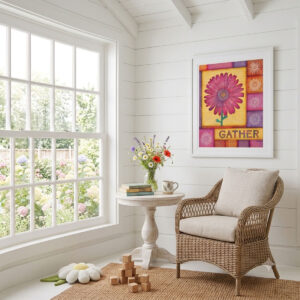 Daisy Patchwork Quilt - Floral Wall Art featuring a vibrant pink daisy against colorful quilt patches and floral lettering of "Gather."