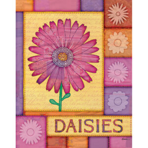 Daisy Patchwork Quilt - Floral Wall Art featuring a vibrant pink daisy against colorful quilt patches and floral lettering.