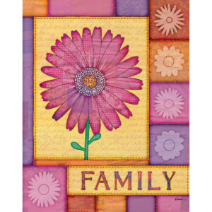 Daisy Patchwork Quilt - Floral Wall Art featuring a vibrant pink daisy against colorful quilt patches and floral lettering of "Family."