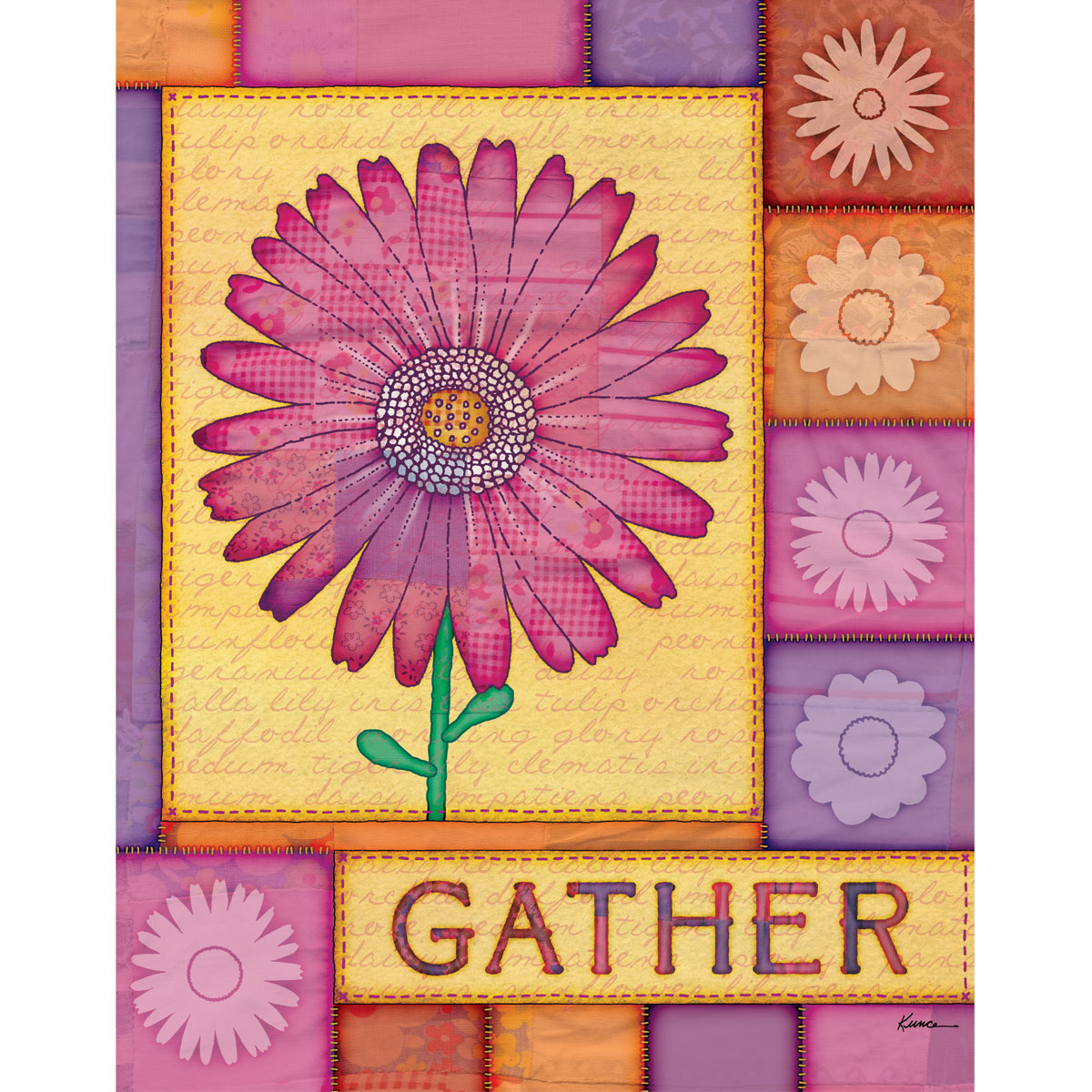 Daisy Patchwork Quilt - Floral Wall Art featuring a vibrant pink daisy against colorful quilt patches and floral lettering of "Gather."