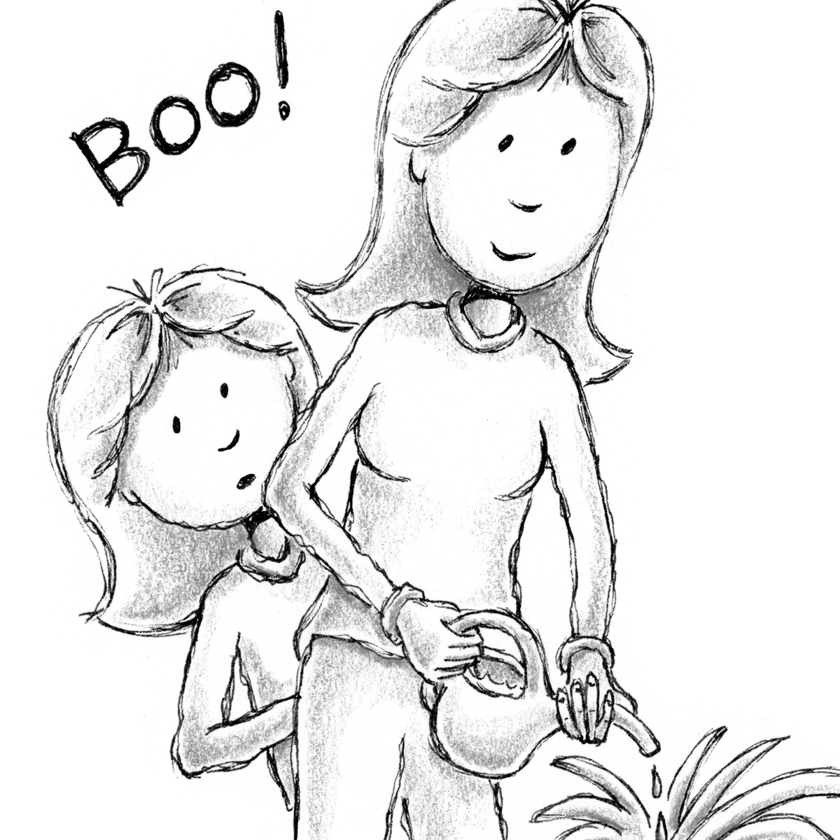 Black-and-white illustration from "Ellie Anders: The Impossible School Project" by Craig Kunce showing a young girl and her mother watering a plant with the word "BOO!" written above
