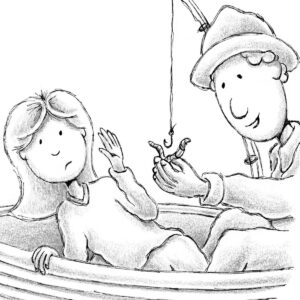 Black-and-white illustration from "Ellie Anders: The Impossible School Project" by Craig Kunce showing a young girl and her grandfather fishing