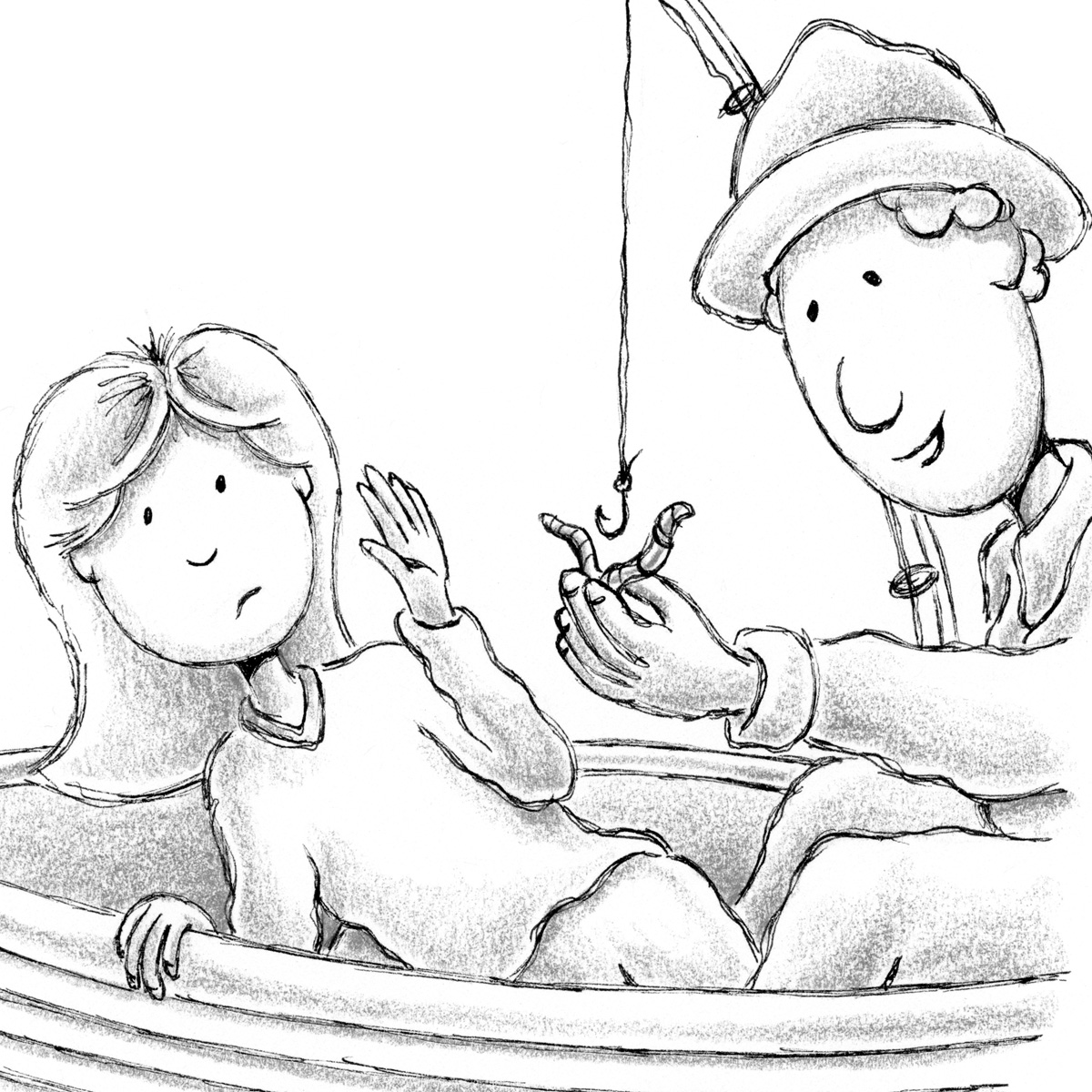 Black-and-white illustration from "Ellie Anders: The Impossible School Project" by Craig Kunce showing a young girl and her grandfather fishing