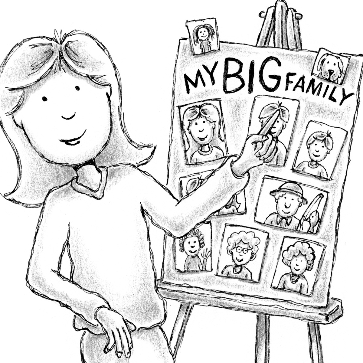 Black-and-white illustration from "Ellie Anders: The Impossible School Project" by Craig Kunce showing a young girl presenting a poster titled "My Big Family"