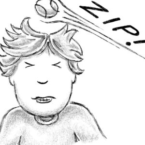 Black-and-white illustration from "Ellie Anders: The Impossible School Project" by Craig Kunce showing a baseball bonking a young boy on the head with the word "ZIP!"