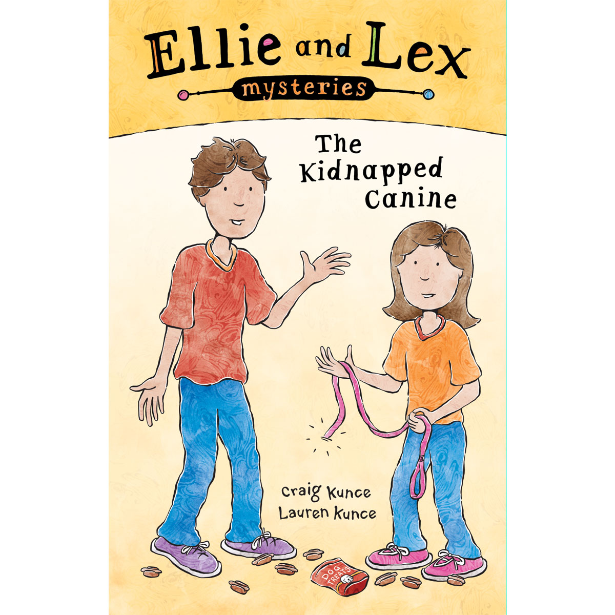 Cover of "Ellie and Lex Mysteries: The Kidnapped Canine" by Craig Kunce featuring two young kids with a snapped dog leash and broken dog biscuits on the ground.
