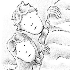 Illustration from the chapter book, "Ellie and Lex Mysteries: The Kidnapped Canine" by Craig Kunce showing Ellie and Lex peeking around a corner