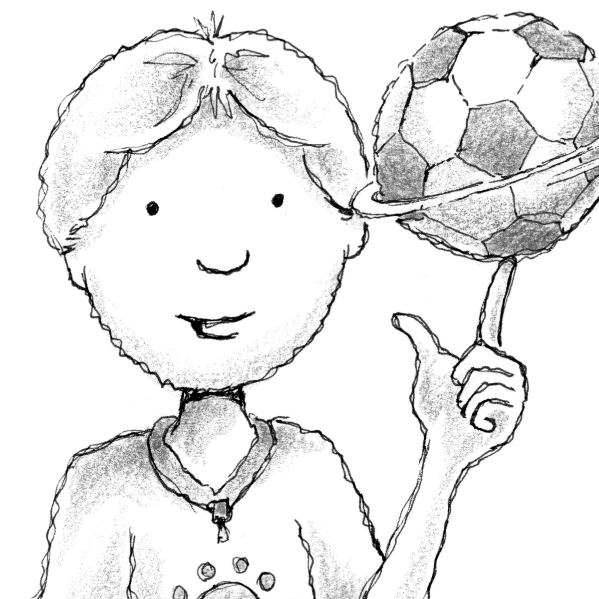 Illustration from the chapter book, "Ellie and Lex Mysteries: The Kidnapped Canine" by Craig Kunce showing a young boy twirling a soccer ball on his finger