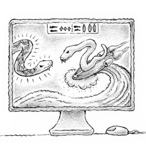 Illustration from the chapter book, "Ellie and Lex Mysteries: The Vanishing Video Games" by Craig Kunce showing a preview of the new Surfing Snakes game