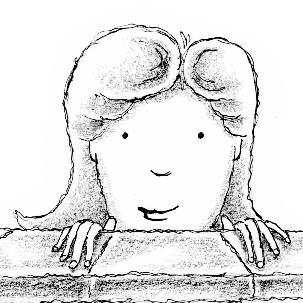 Illustration from the chapter book, "Ellie and Lex Mysteries: The Vanishing Video Games" by Craig Kunce showing Ellie peeking up over a brick wall