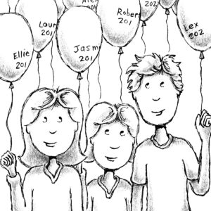 Illustration from the chapter book, "Ellie Anders: The Playground Fundraiser" by Craig Kunce showing Ellie and friends holding balloons
