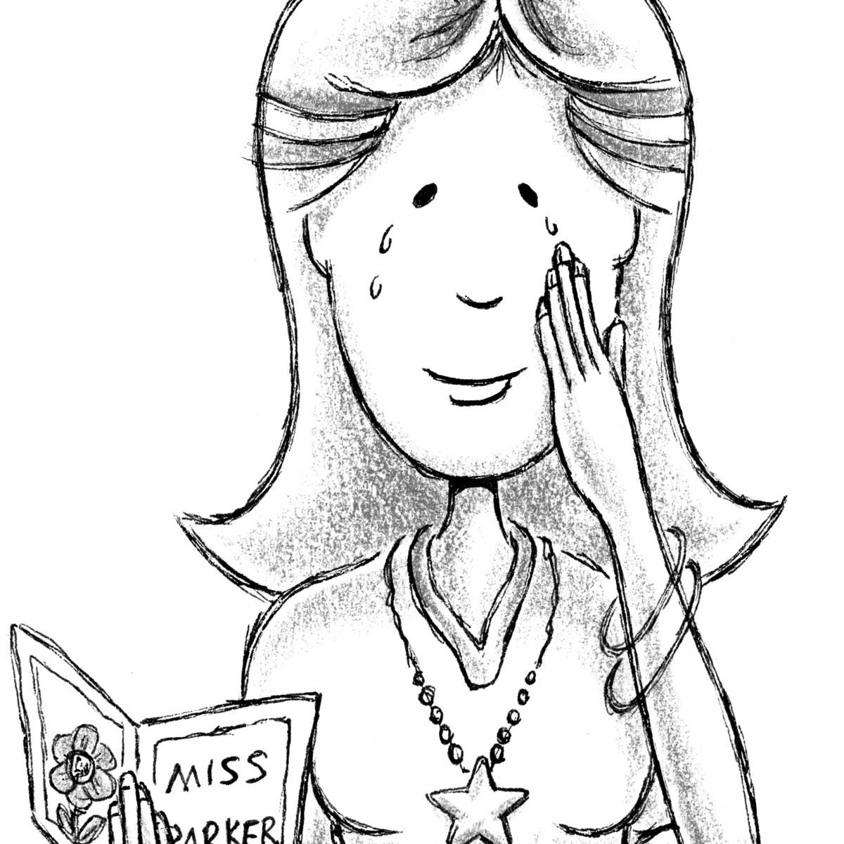 Illustration from the chapter book, "Ellie Anders: The Playground Fundraiser" by Craig Kunce showing a teacher shedding a few tears from reading a thank you card