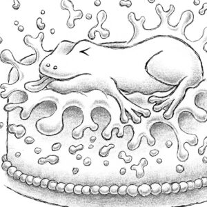 Illustration from the chapter book, "Ellie Anders: The Playground Fundraiser" by Craig Kunce showing a frog splatting in a cake