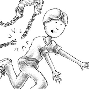 Illustration from the chapter book, "Ellie Anders: The Playground Fundraiser" by Craig Kunce showing a young boy falling off a broken swing