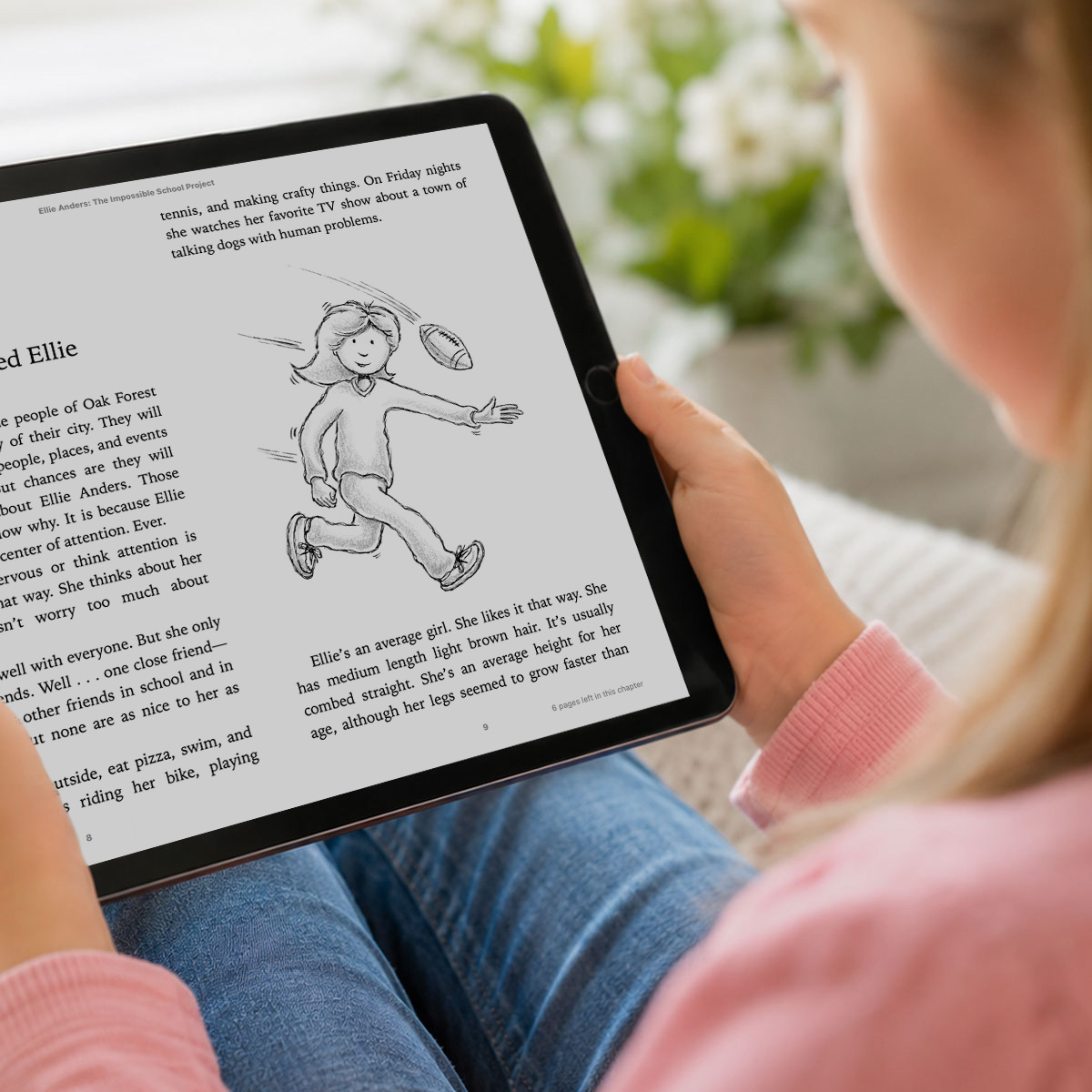 A young girl reading "Ellie Anders: The Impossible School Project" by Craig Kunce on a digital tablet