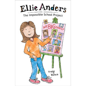 Book cover of "Ellie Anders: The Impossible School Project" featuring a young girl making a poster about her family