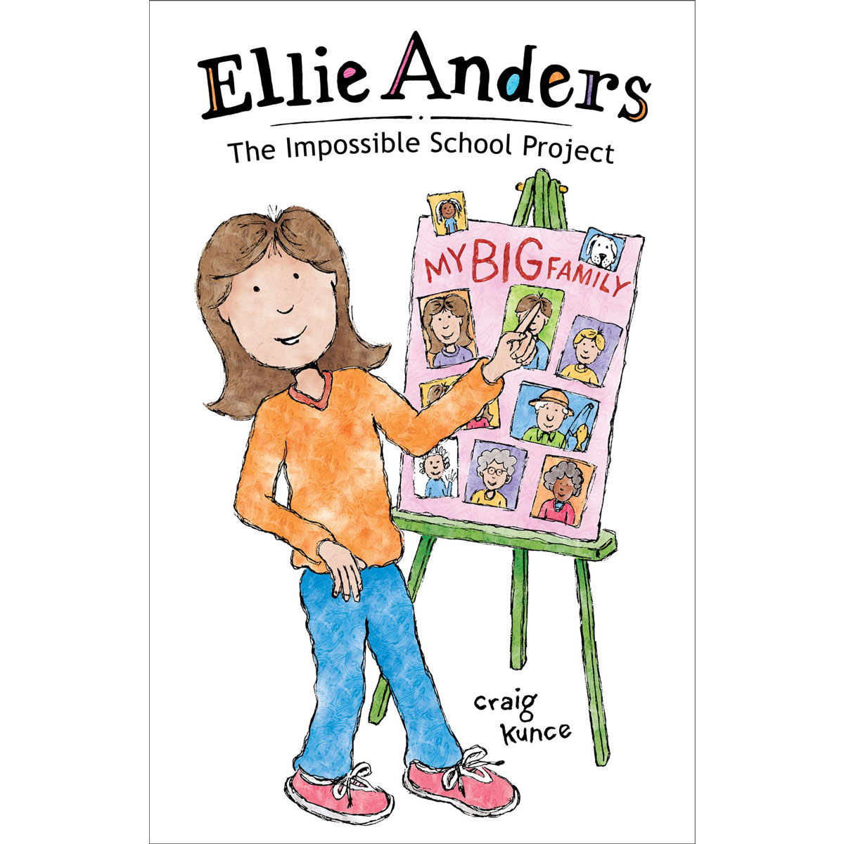 Book cover of "Ellie Anders: The Impossible School Project" featuring a young girl making a poster about her family