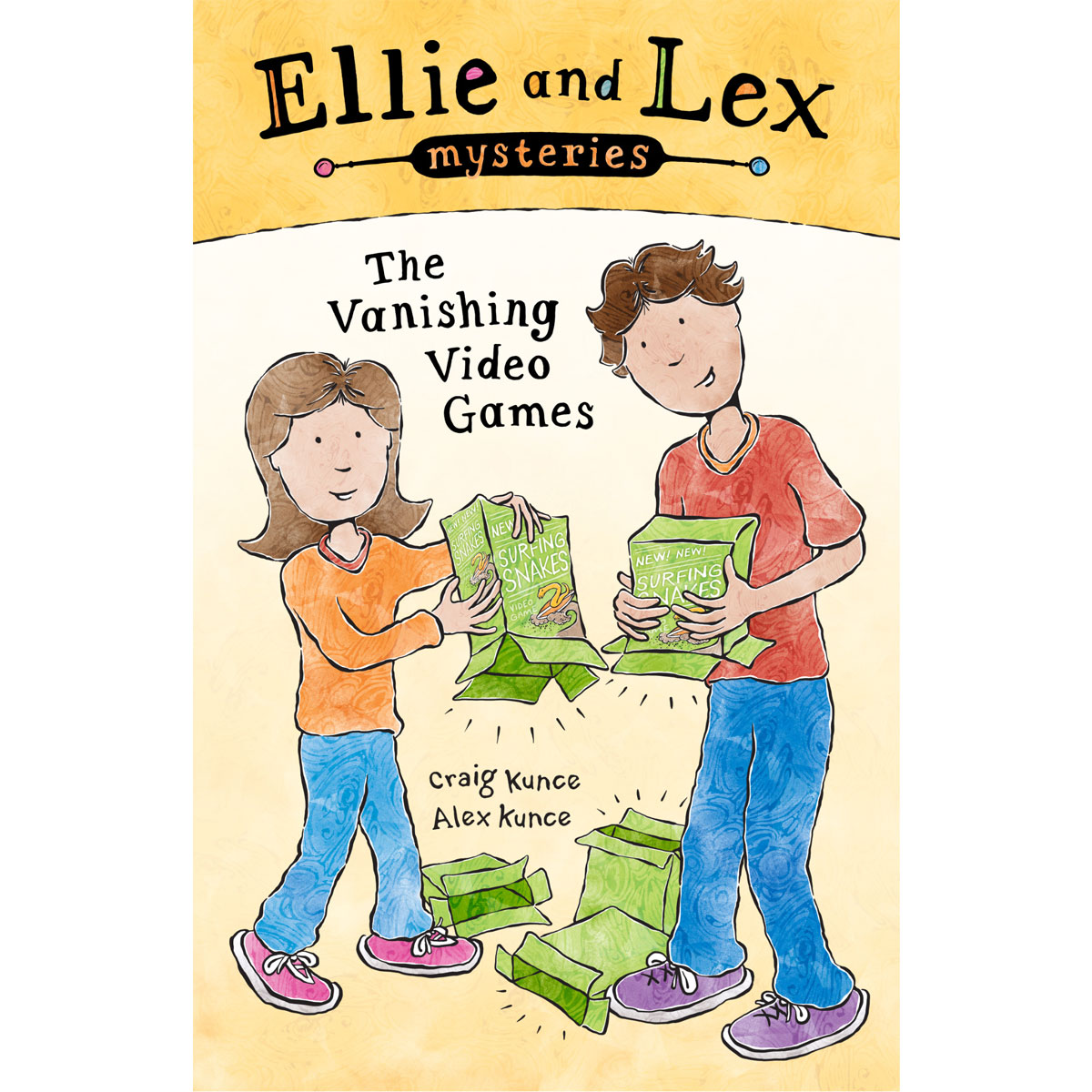 Cover of "Ellie and Lex Mysteries: The Vanishing Video Games" by Craig Kunce featuring a young girl and boy discovering empty video game boxes.