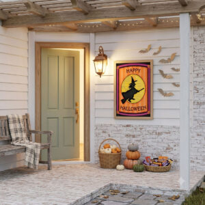 Printable Halloween wall art featuring a folk-art witch silhouette flying past a patchwork moon framed on a front porch welcoming trick-or-treaters.