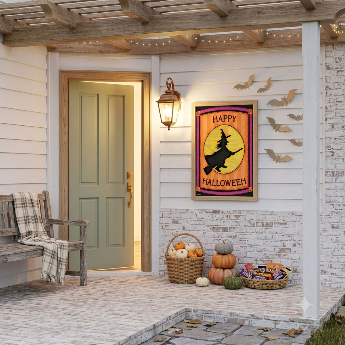 Printable Halloween wall art featuring a folk-art witch silhouette flying past a patchwork moon framed on a front porch welcoming trick-or-treaters.