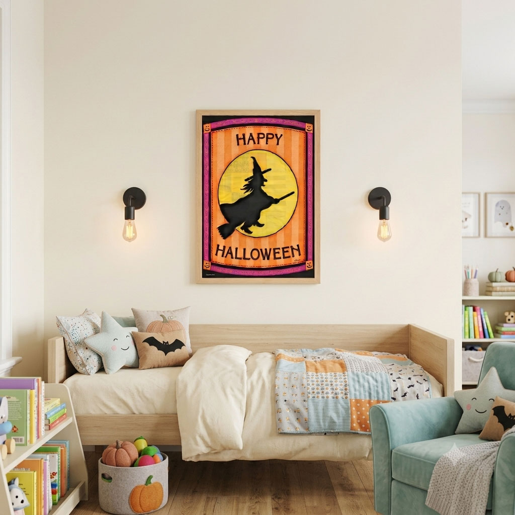Printable Halloween wall art featuring a folk-art witch silhouette flying past a patchwork moon framed on a kids' room wall