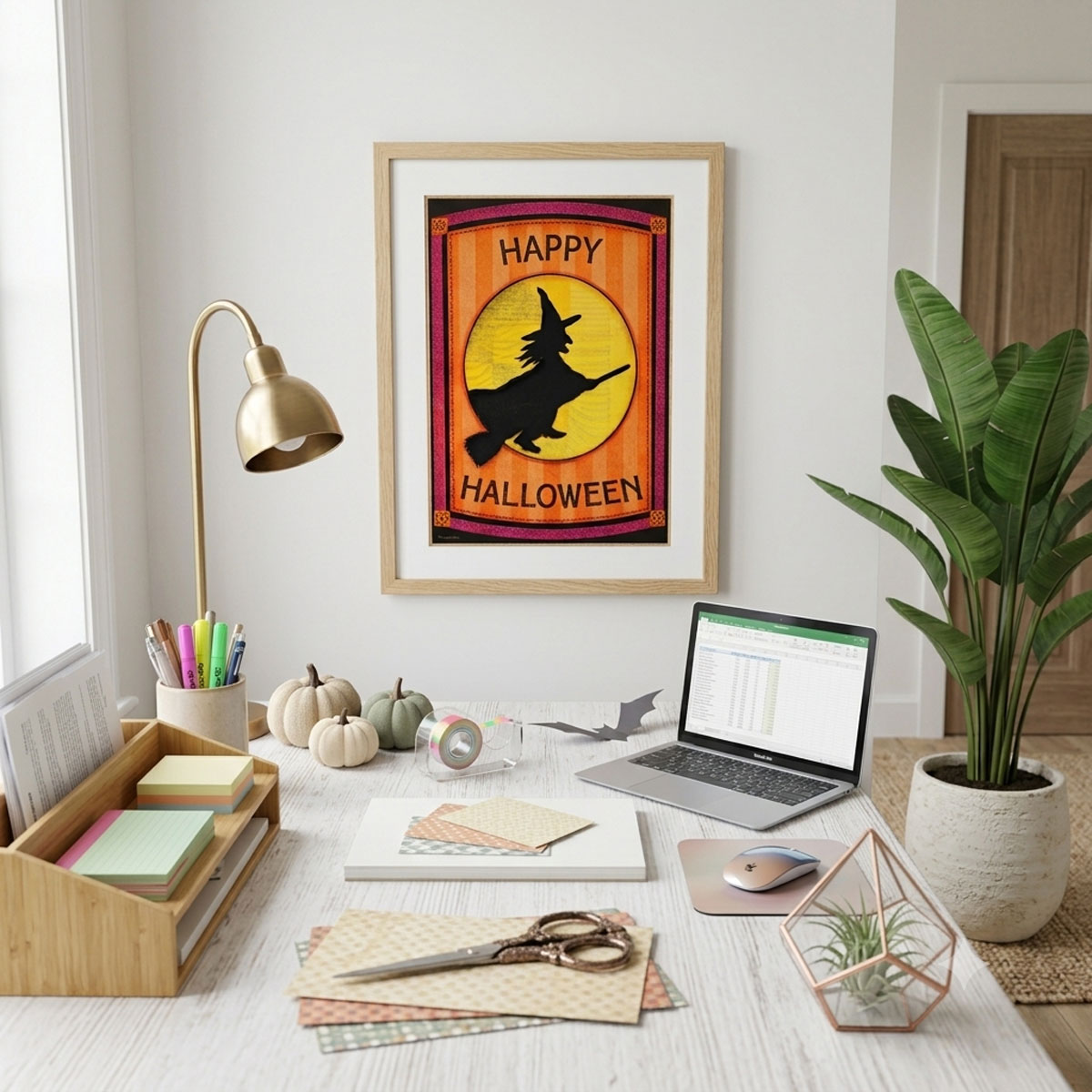 Printable Halloween wall art featuring a folk-art witch silhouette flying past a patchwork moon framed on an office wall