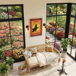 Printable Halloween wall art featuring a folk-art witch silhouette flying past a patchwork moon framed on a sunroom wall