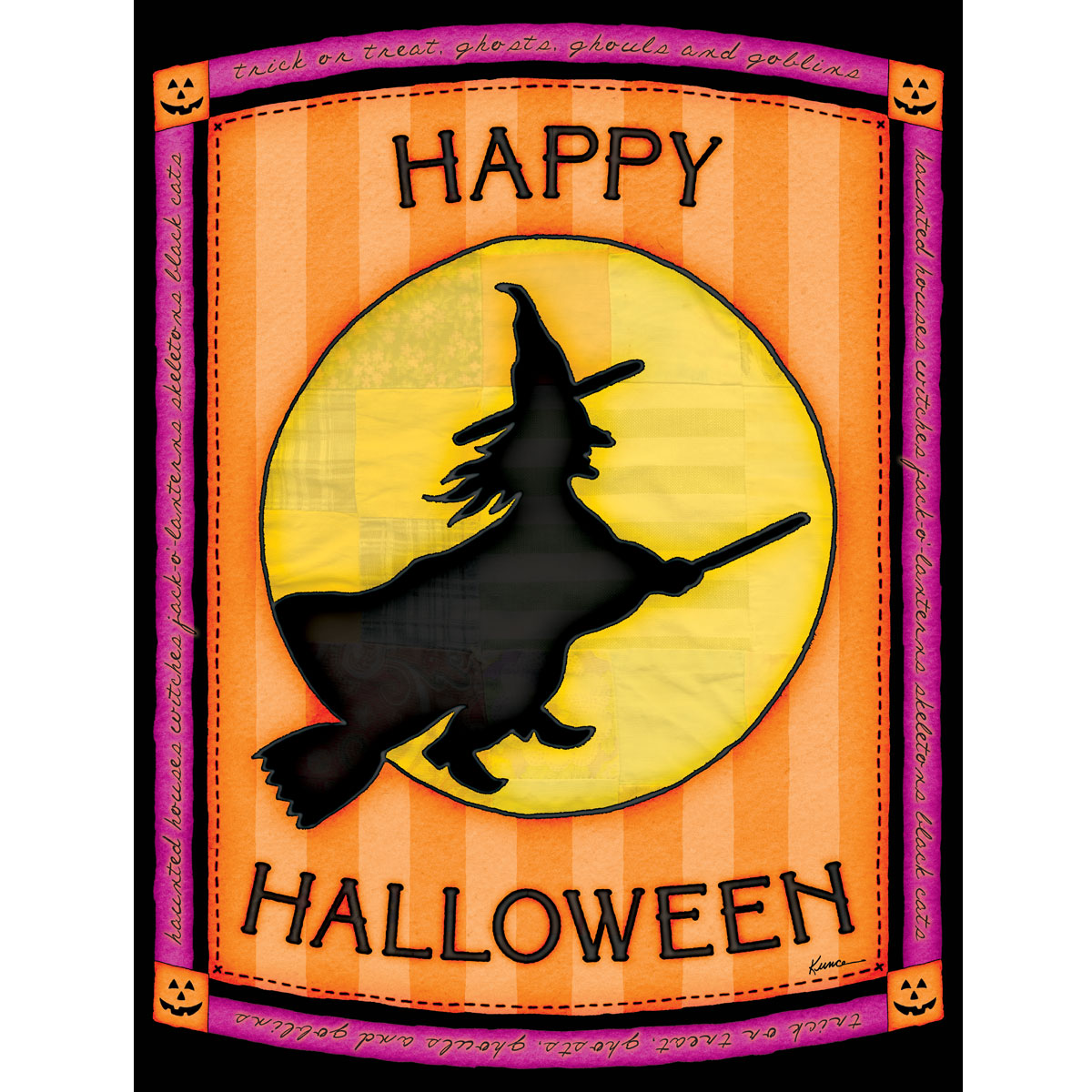 Printable Halloween wall art featuring a folk-art witch silhouette flying past a patchwork moon in orange and pink