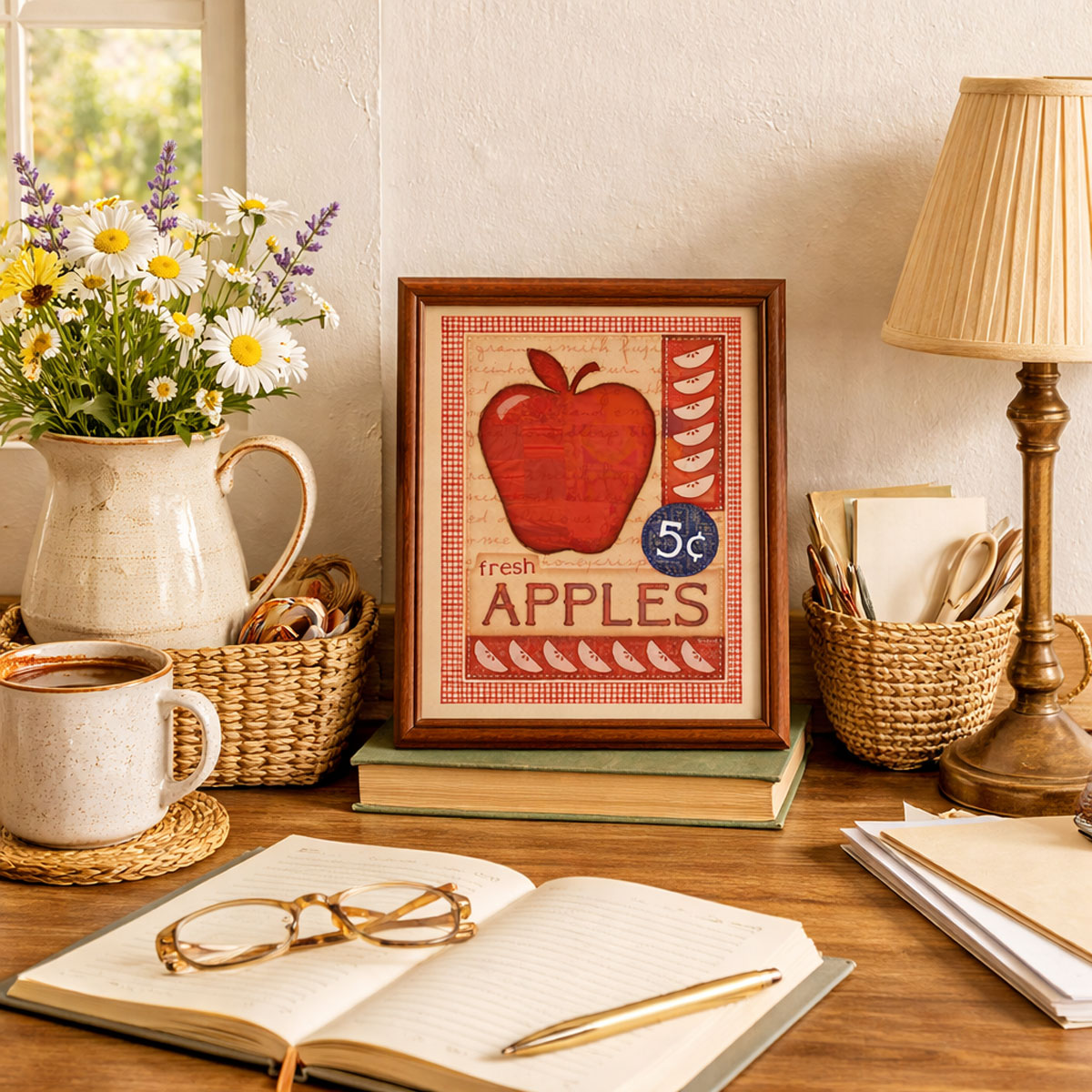 Fresh apples artwork by Craig Kunce sitting on a desk showing how to decorate your home.