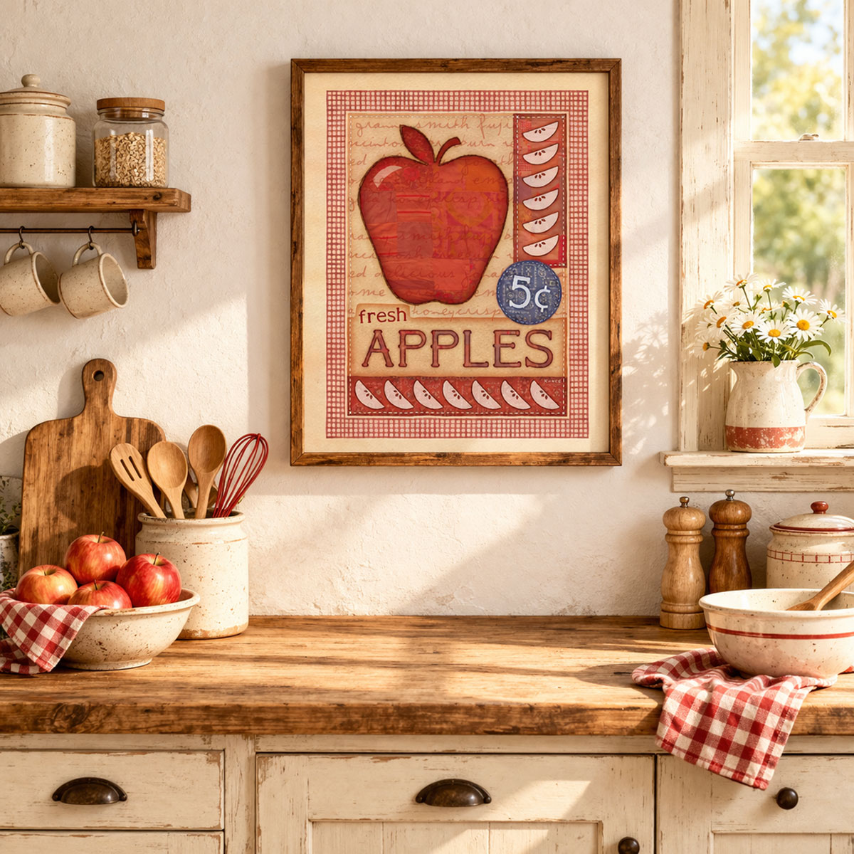 Fresh apples artwork by Craig Kunce hanging on a wall showing how to decorate your home's kitchen.