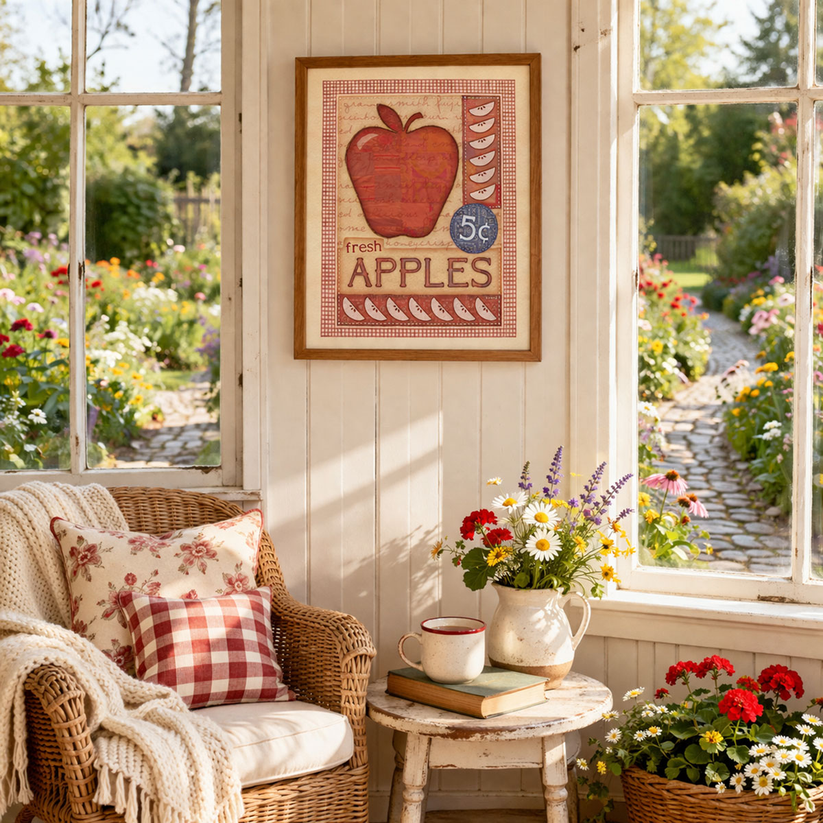 Fresh apples artwork by Craig Kunce hanging on a wall showing how to decorate your home's sunroom.