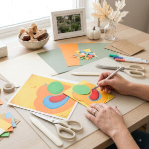 Fusion - Abstract Wall Art featuring vibrant organic shapes in green, red, blue, and orange on a yellow background.