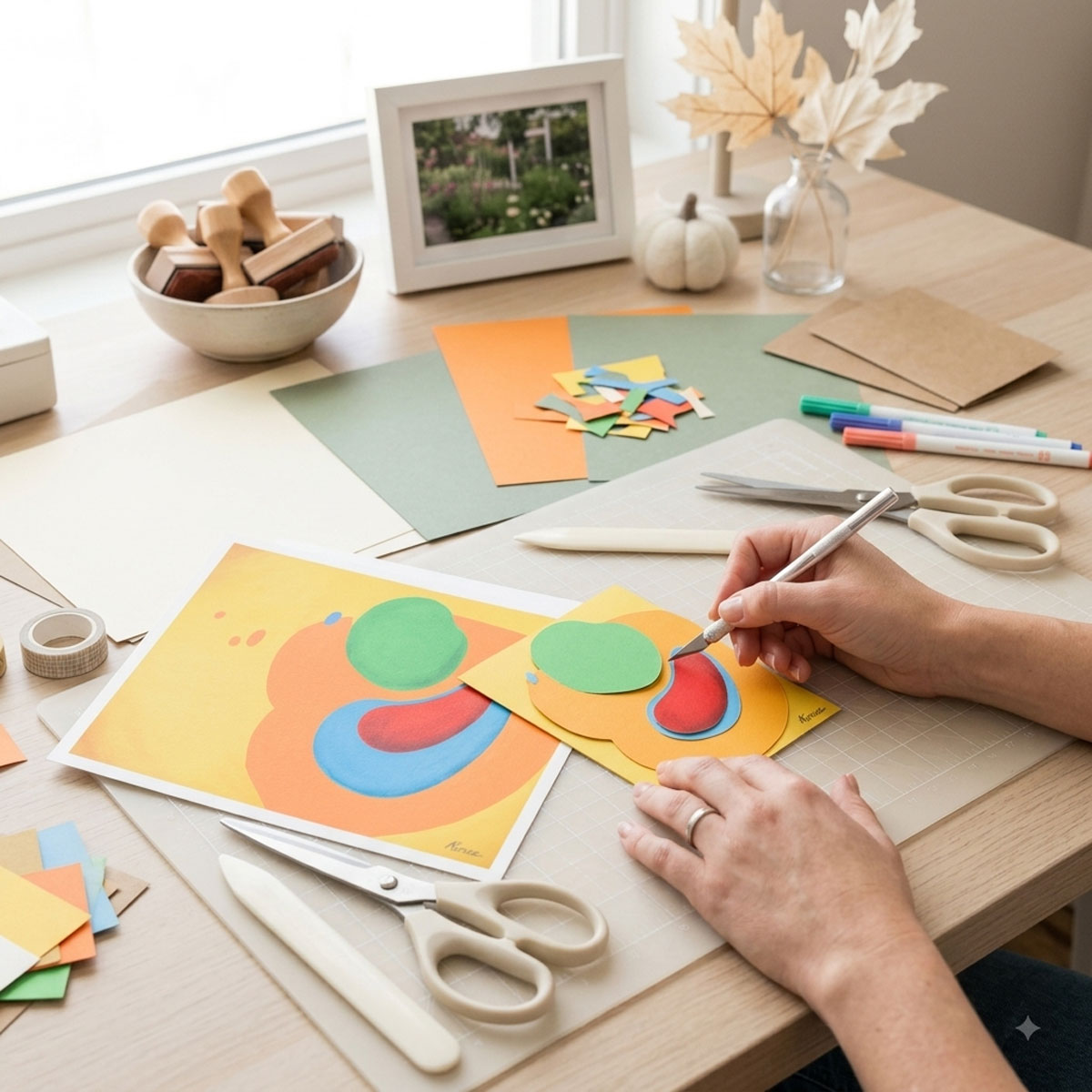 Fusion - Abstract Wall Art featuring vibrant organic shapes in green, red, blue, and orange on a yellow background.