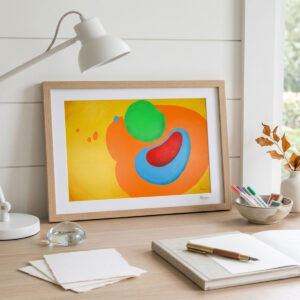 Fusion - Abstract Wall Art featuring vibrant organic shapes in green, red, blue, and orange on a yellow background.