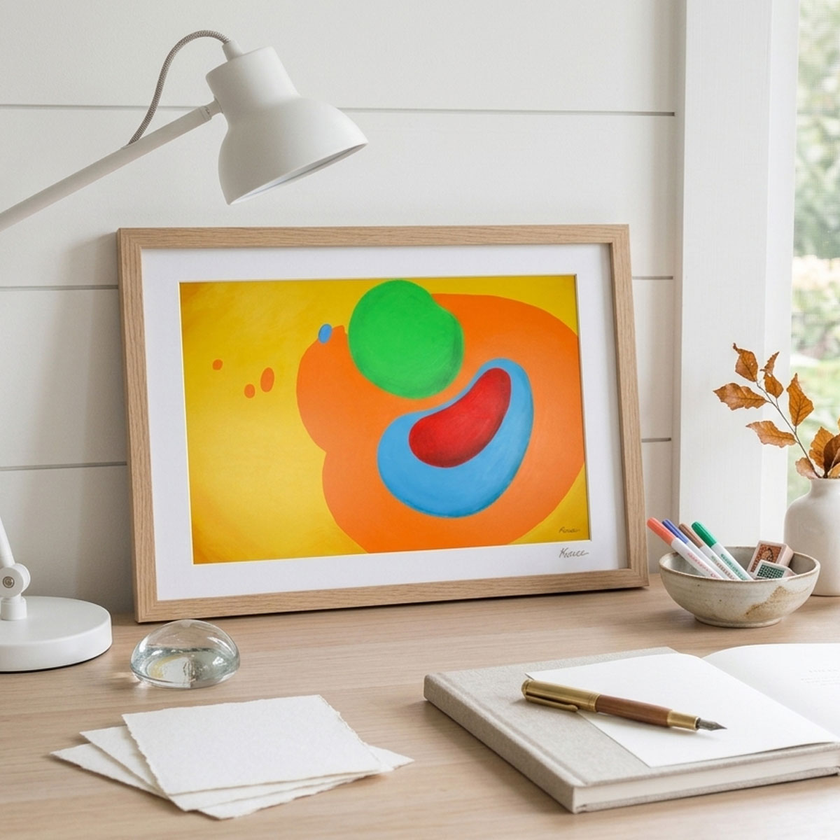 Fusion - Abstract Wall Art featuring vibrant organic shapes in green, red, blue, and orange on a yellow background.