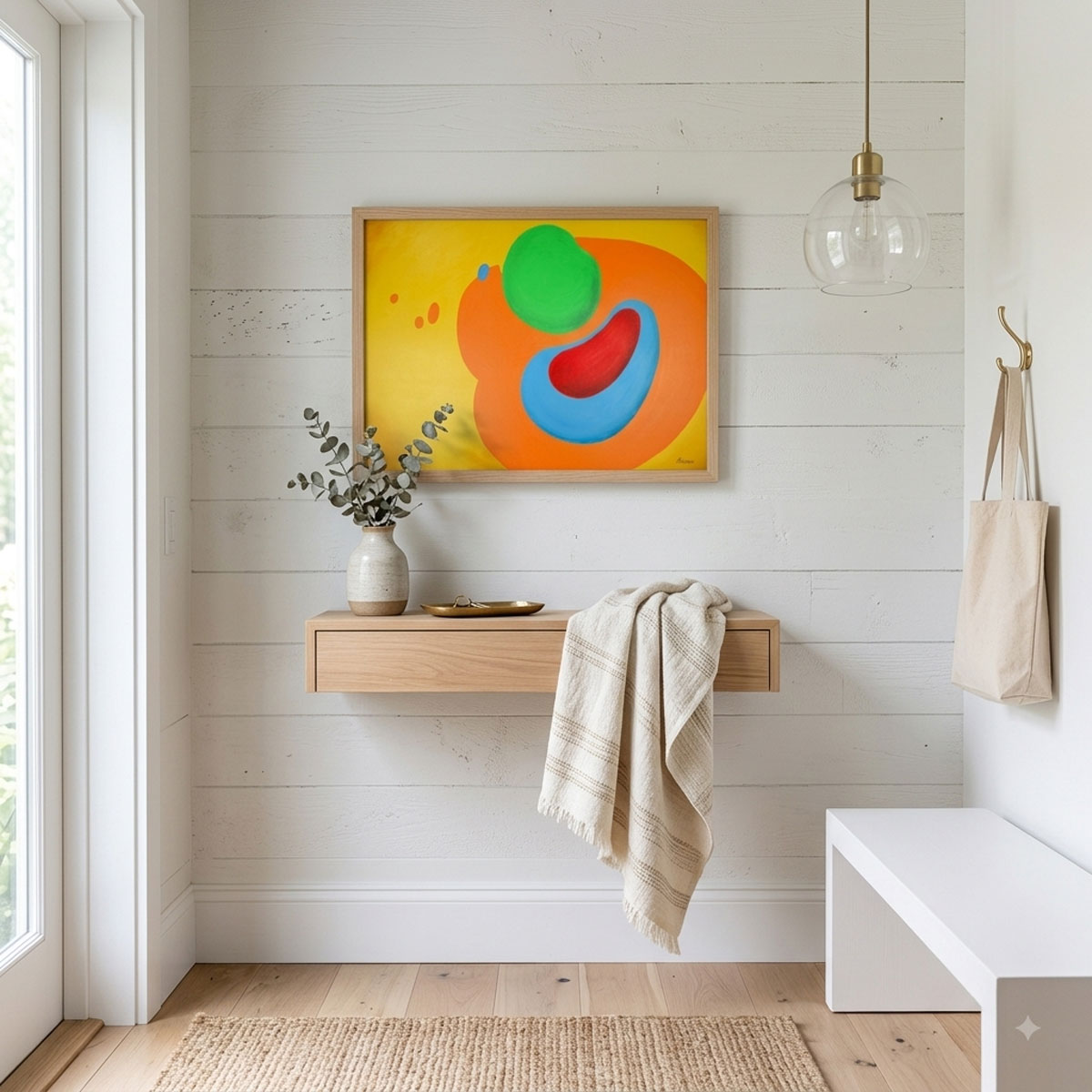 Fusion - Abstract Wall Art featuring vibrant organic shapes in green, red, blue, and orange on a yellow background.